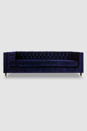 93 Dot sofa in Porto Indigo blue velvet with bench cushion and tapered legs with sabots