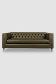 79 Dot sofa in Brisa Fresco Waxed Canvas vegan leather with bench cushion and tapered legs in oak with brass sabots