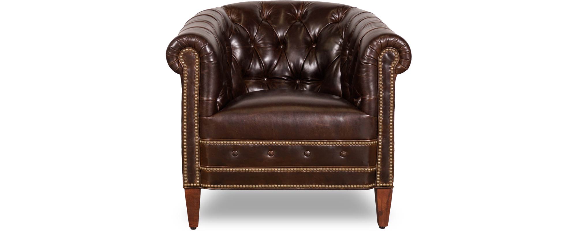 Collins tufted barrel chair in Kensington Borough Pub Bench brown leather