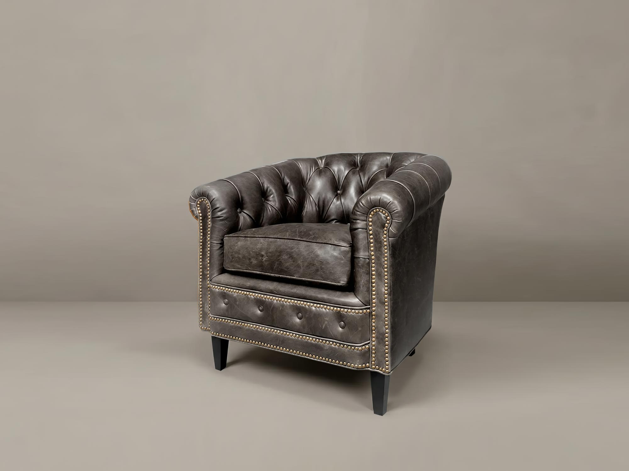 Collins tufted barrel chair in Kensington Borough Pub Bench brown leather