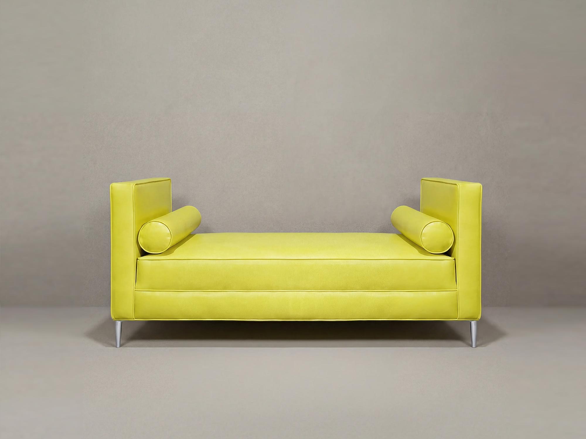 79 Poppy midcentury modern chaise in Fulton Oyster stainproof fabric with bolster pillows