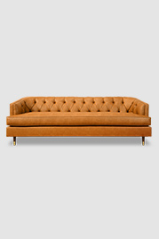 96 Olympia sofa in Brisa Distressed Waylan vegan leather with bench cushion and sabot legs