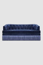 80 Olympia sleeper sofa in Como Mariner blue velvet with fringe skirt