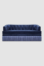 80 Olympia sleeper sofa in Como Mariner blue velvet with fringe skirt