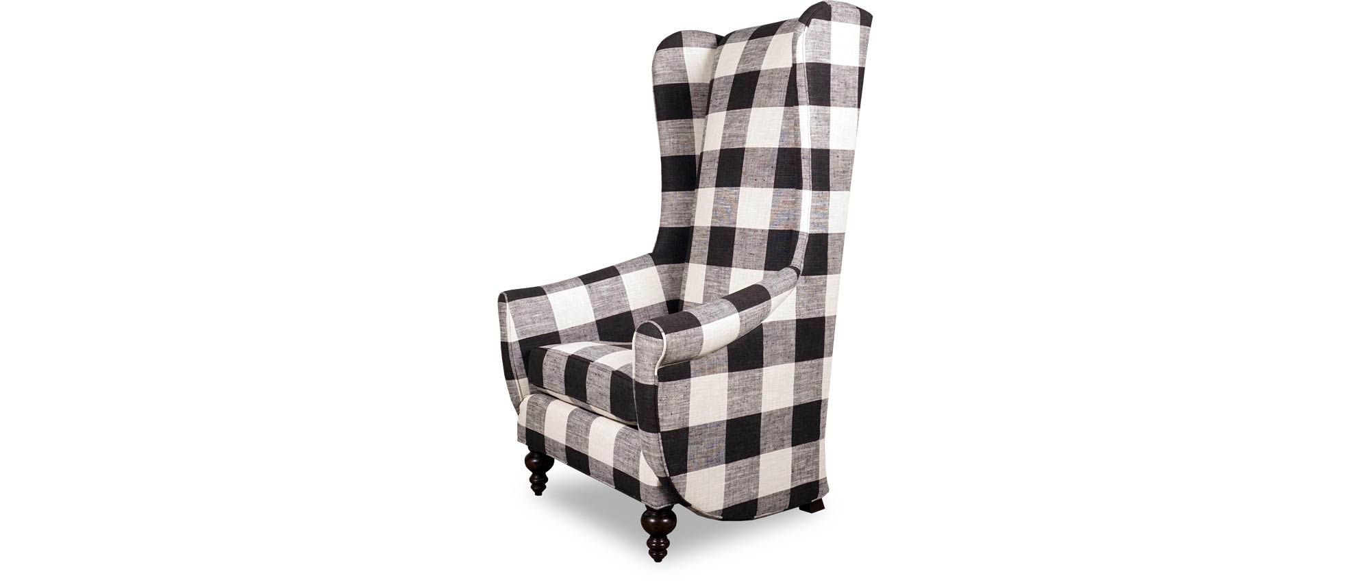 Inspector armchair without tufting in black and white plaid fabric