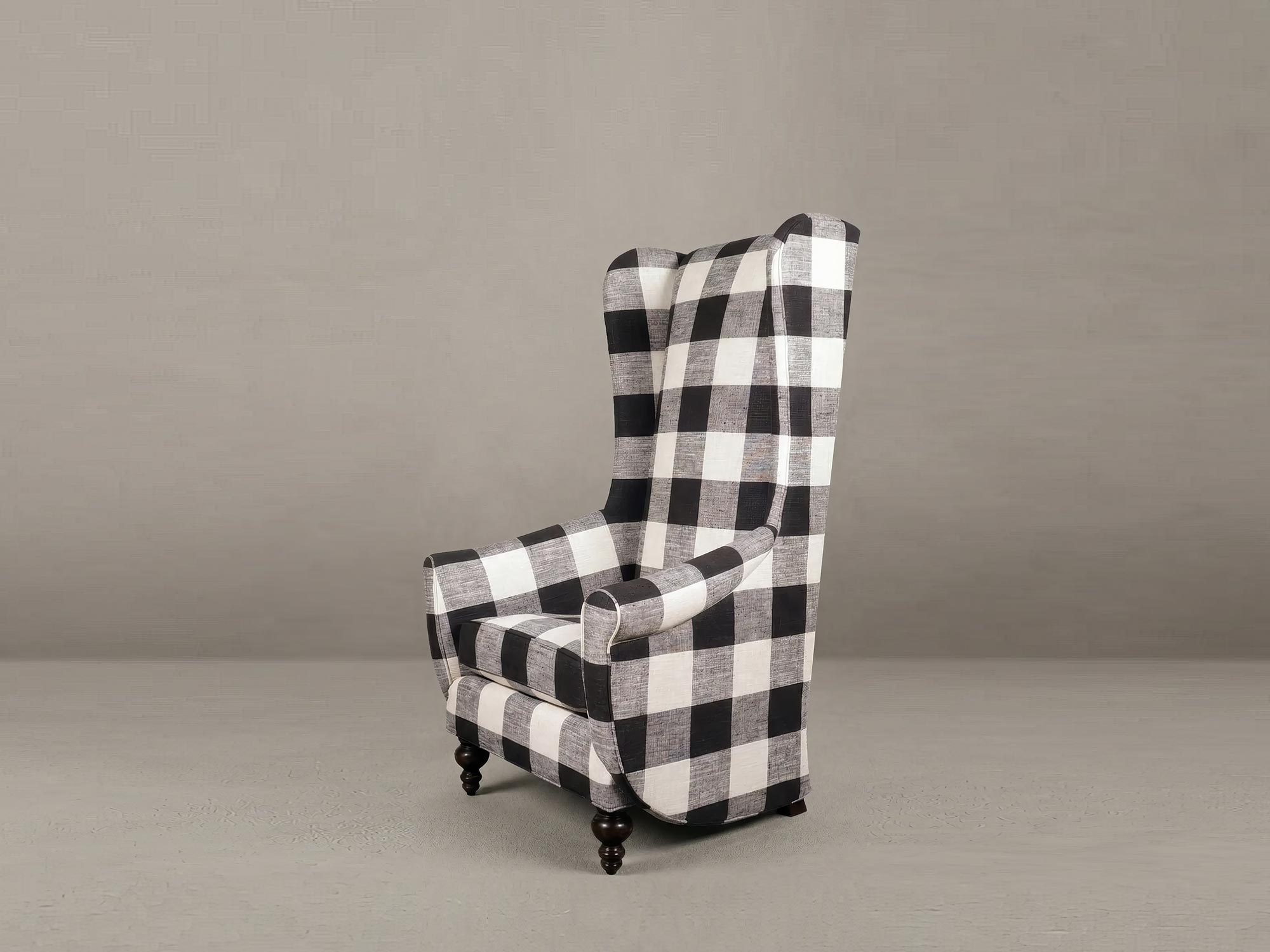 Inspector armchair without tufting in black and white plaid fabric