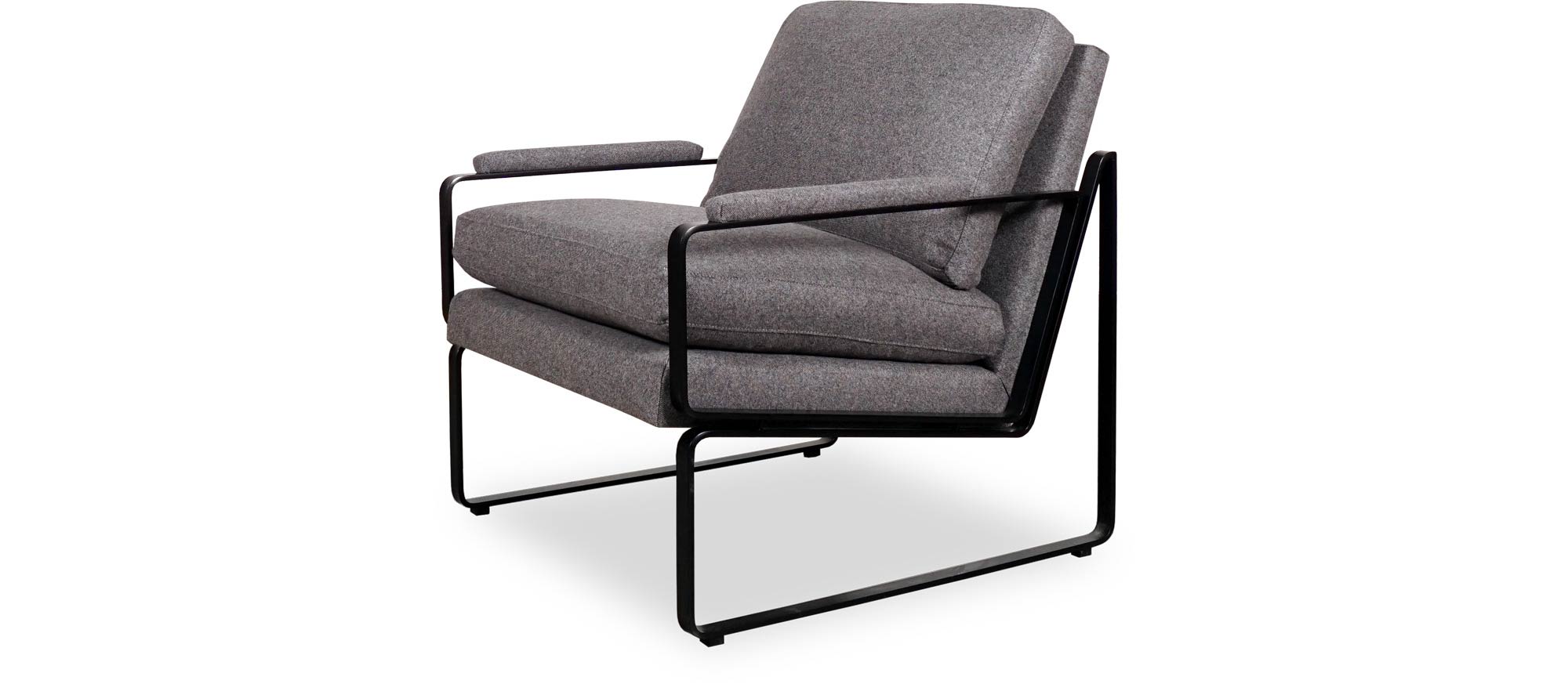 Weldon armchair in Harrison Wool Tweed and black metal finish with cushion back and seat