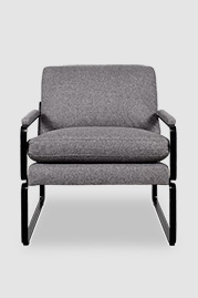 Weldon armchair in Harrison Wool Tweed and black metal finish with cushion back and seat