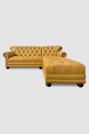 96 Sylvester sofa+chaise with custom extended length chaise, tufted seat, and Florida Yellow Ochre leather