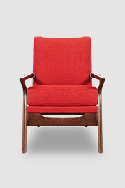 Benson MCM wood chair in walnut finish and Varick Pomegranate stain-proof fabric