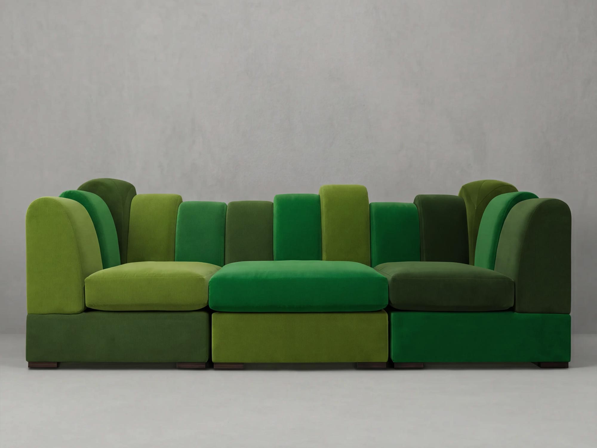 108 Metropolis modular sectional in Porto Lawn, Dublin, and Elf velvets