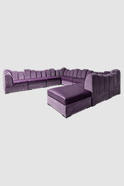 Metropolis modular sectional in Porto Thistle velvet with seat cushions in Florida Lilac 4160 leather