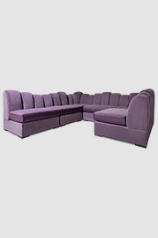 Metropolis modular sectional in Porto Thistle velvet with seat cushions in Florida Lilac 4160 leather showing velvet cushion tops