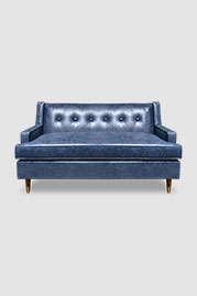 Ladybird sofa in Caprieze Denim Style blue leather with bench cushion and taper legs with sabots