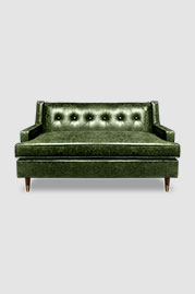 Ladybird sofa in Caprieze Good Greens leather with bench cushion and taper legs with sabots