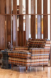 Ladybird armchair in Bretano Longi Spice Shop patterned velvet