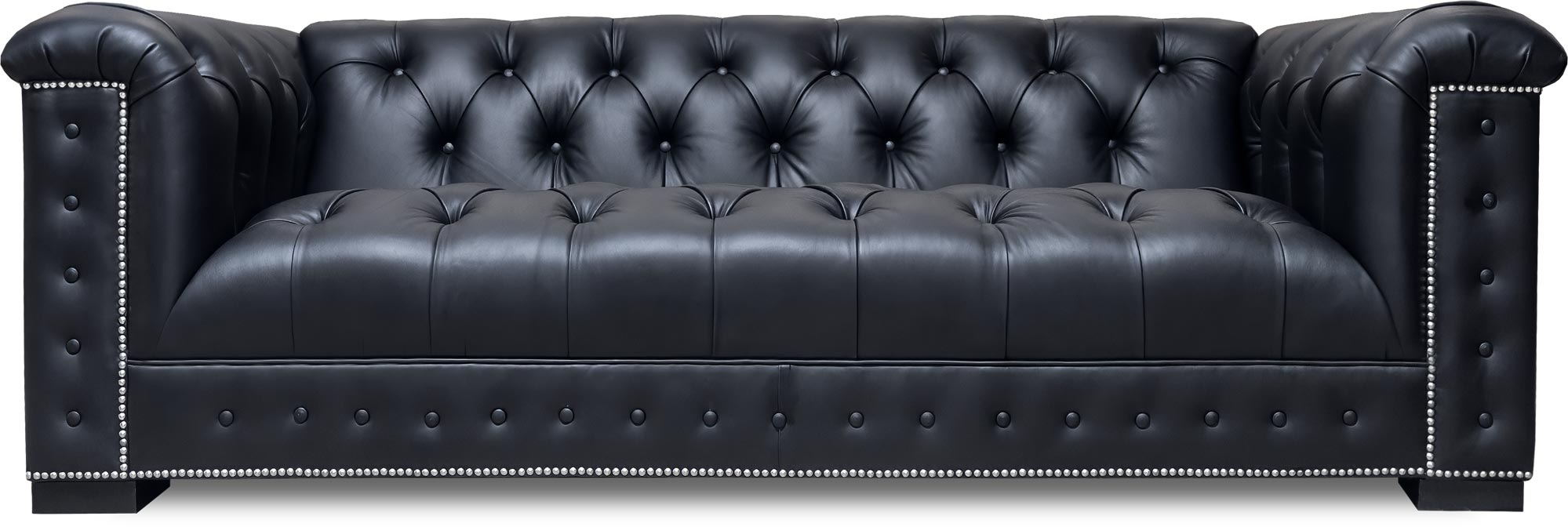 88 Mr. Butler sofa in Vintage Nights Peak black leather with nail head trim