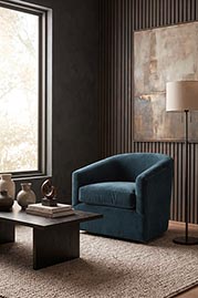 Wren swivel barrel chair in Como Bali blue velvet