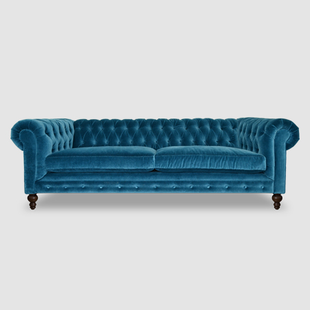 Blue velvet midcentury slope-arm loveseat