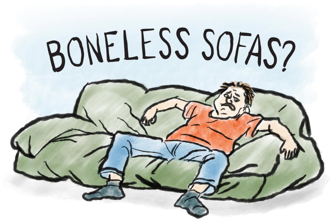 Illustration of person sitting uncomfortably on boneless sofa