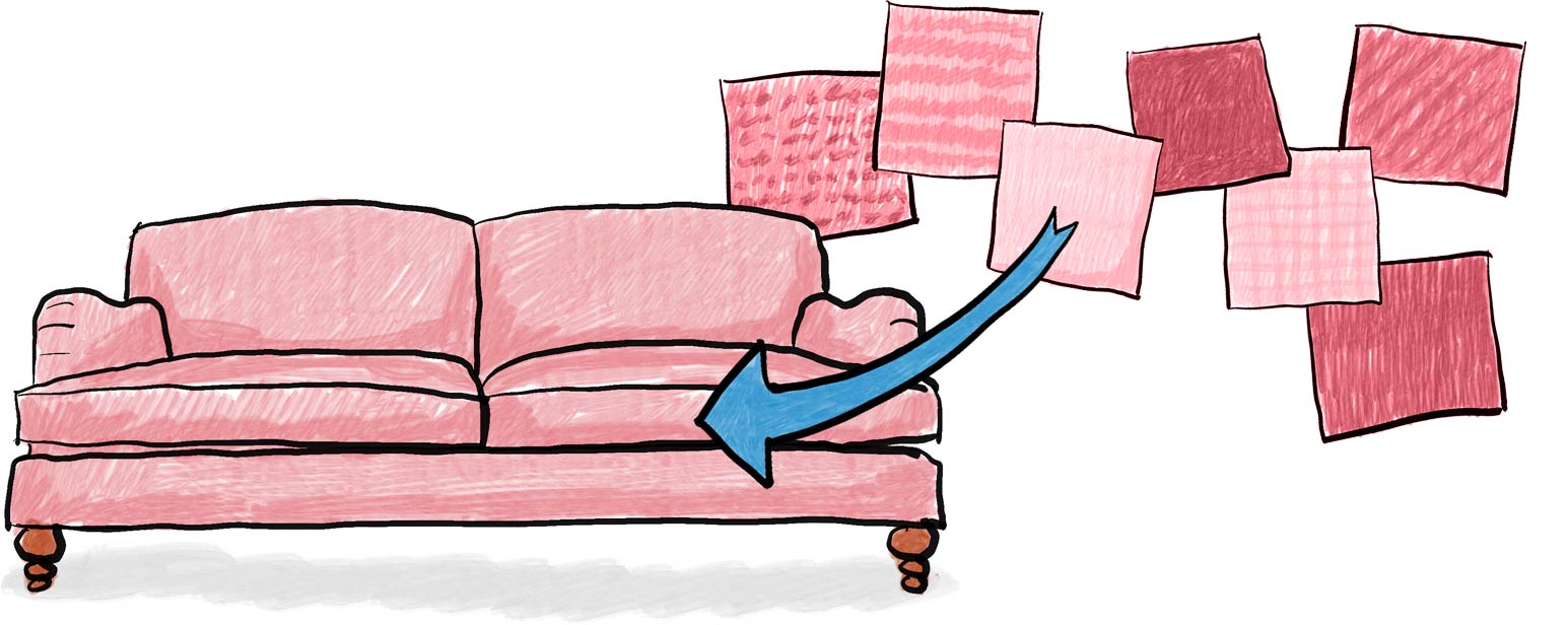 Illustration of sofa with assortment of fabric swatches