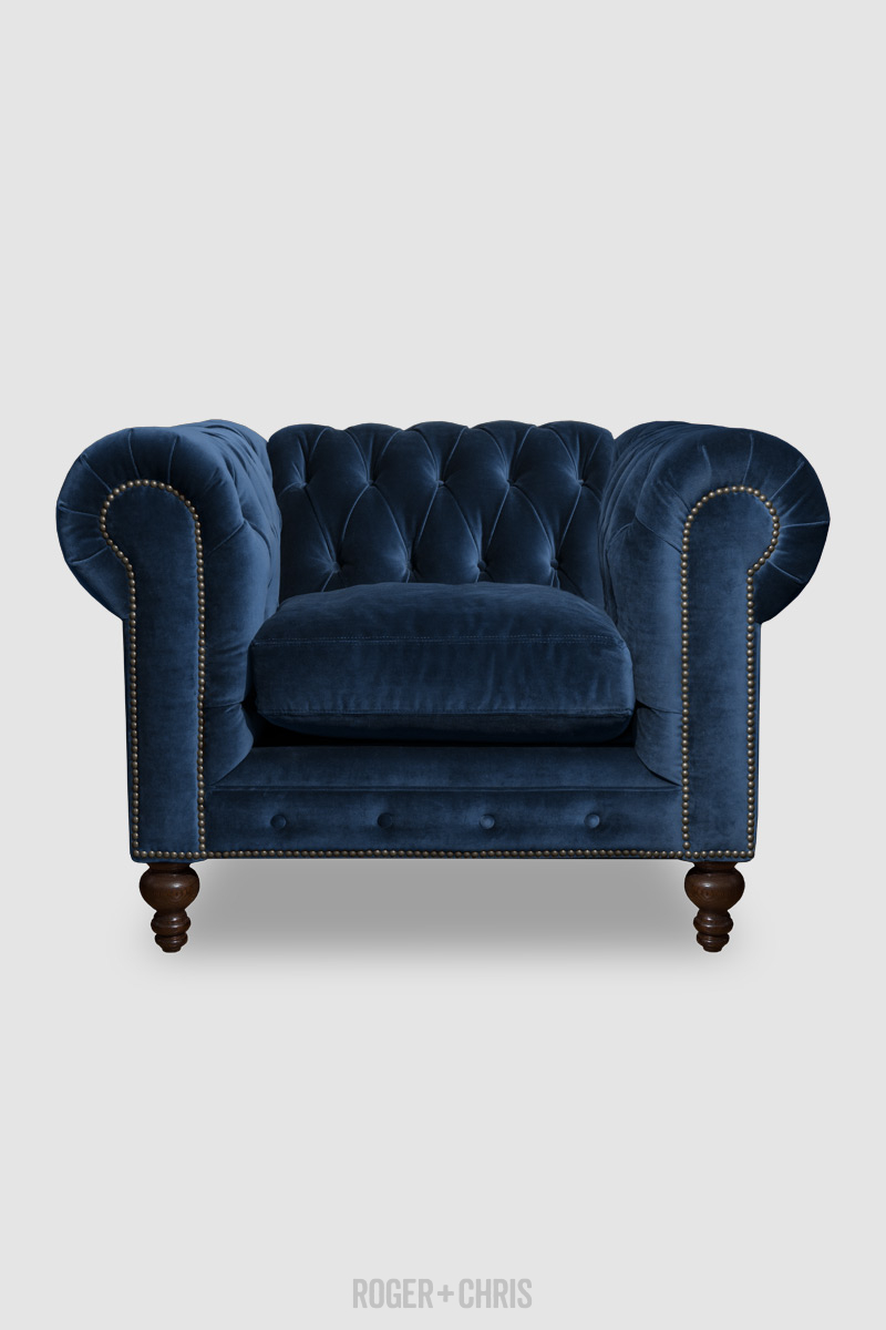 Higgins Chesterfield armchair in Como Mariner blue velvet Roger