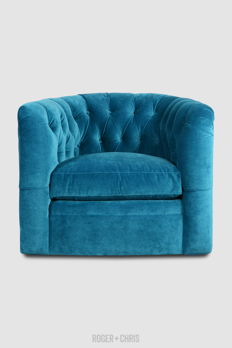 Oliver Tufted Barrel Chair With Swivel Base In Como Cyan Blue Velvet Roger Chris