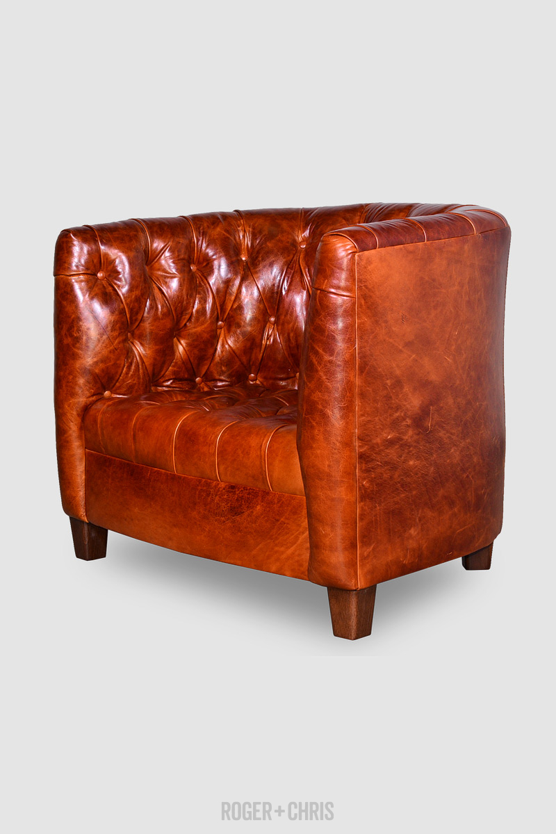 Oliver Tufted Barrel Chair In Echo, Brown Leather Barrel Chair