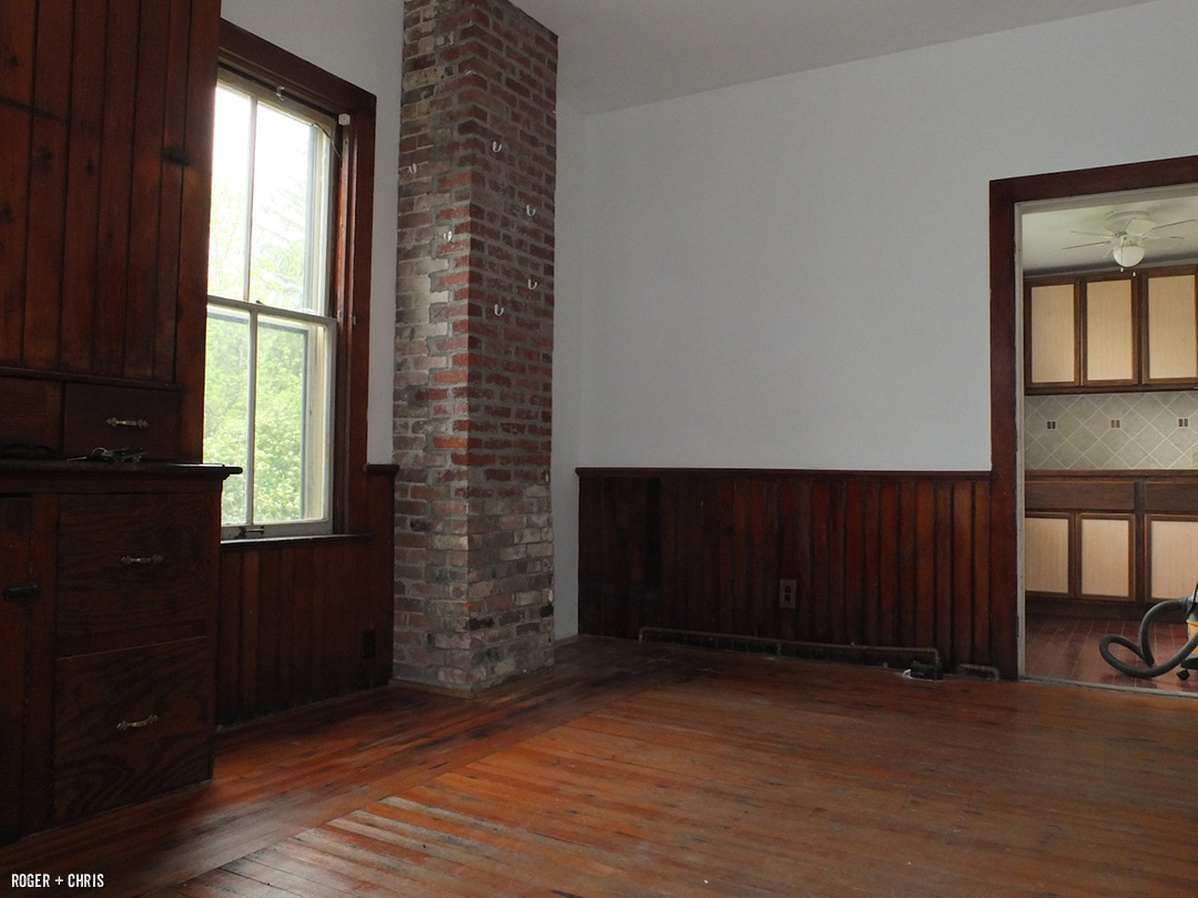 The chimney and mismatched woodwork.