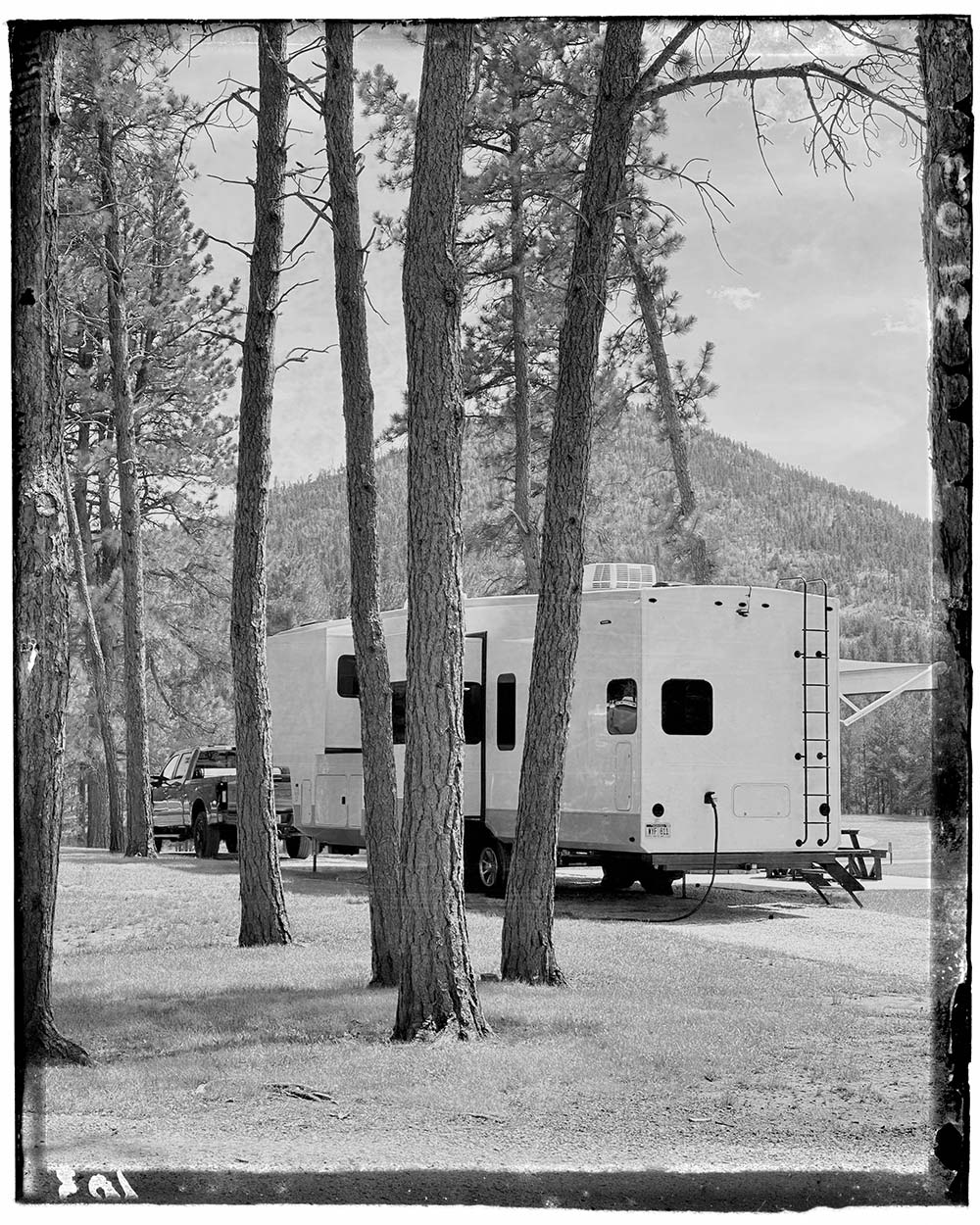 Trailer exterior black and white in mountains